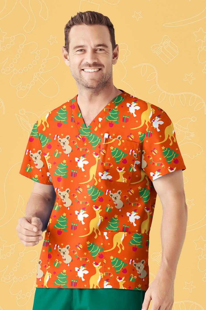 Mens Christmas V-Neck Short Sleeve Scrub Top