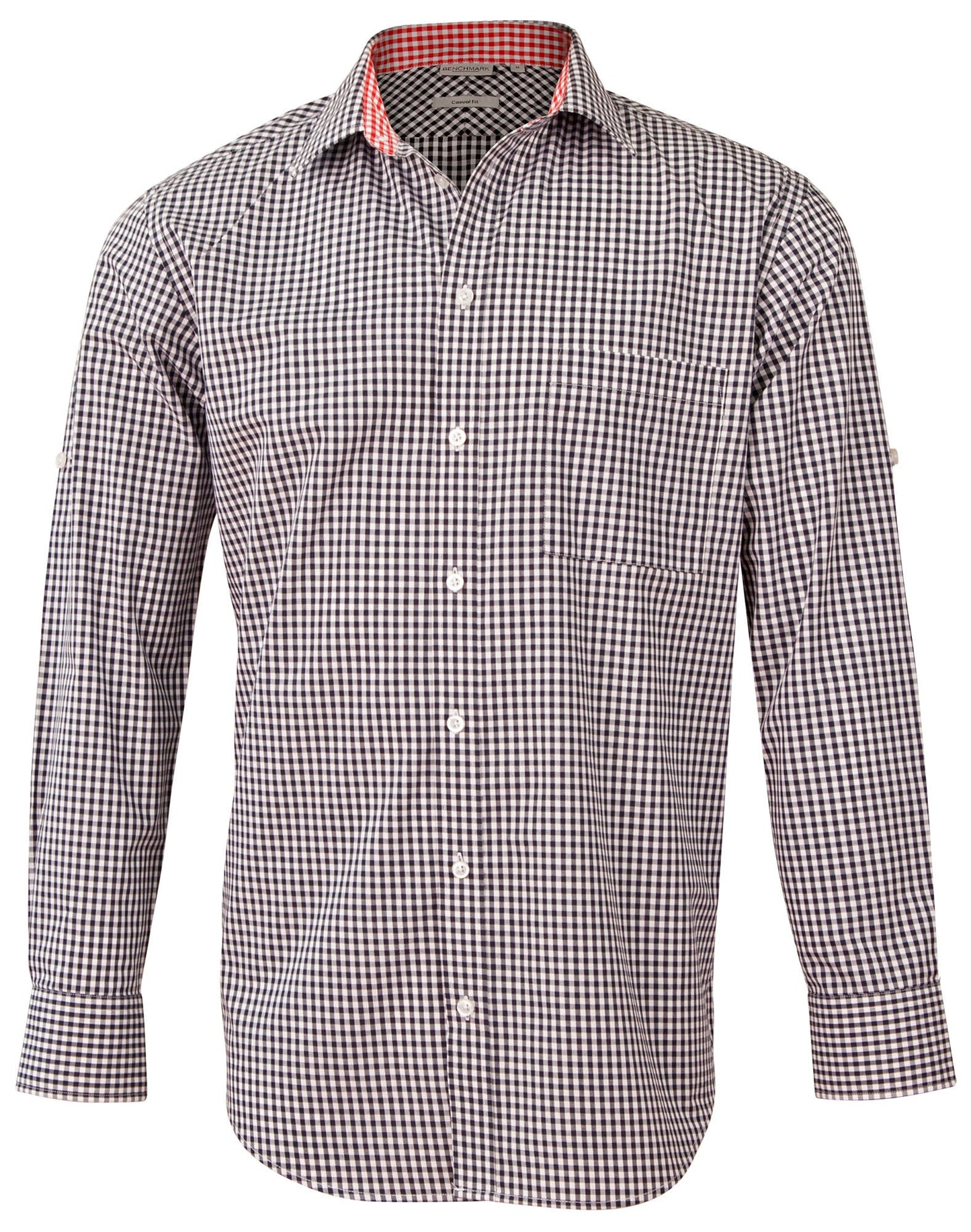 M7330L Men's Gingham Check Long Sleeve Shirt with Roll-up Tab Sleeve