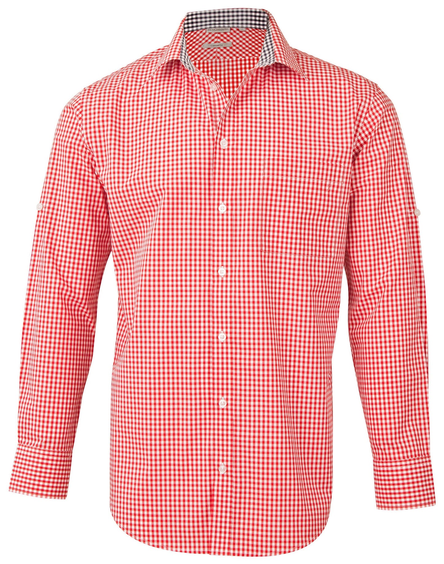 M7330L Men's Gingham Check Long Sleeve Shirt with Roll-up Tab Sleeve