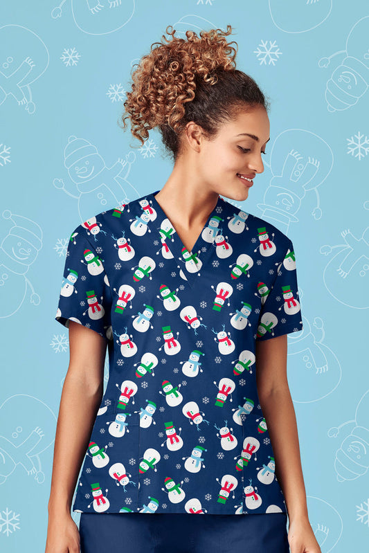 Womens Christmas V-Neck Short Sleeve Scrub Top