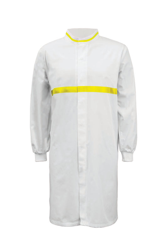 WJ3197-Food Industry Long Length Dustcoat With Mandarin Collar, Contrast Trims On Collar And Chest