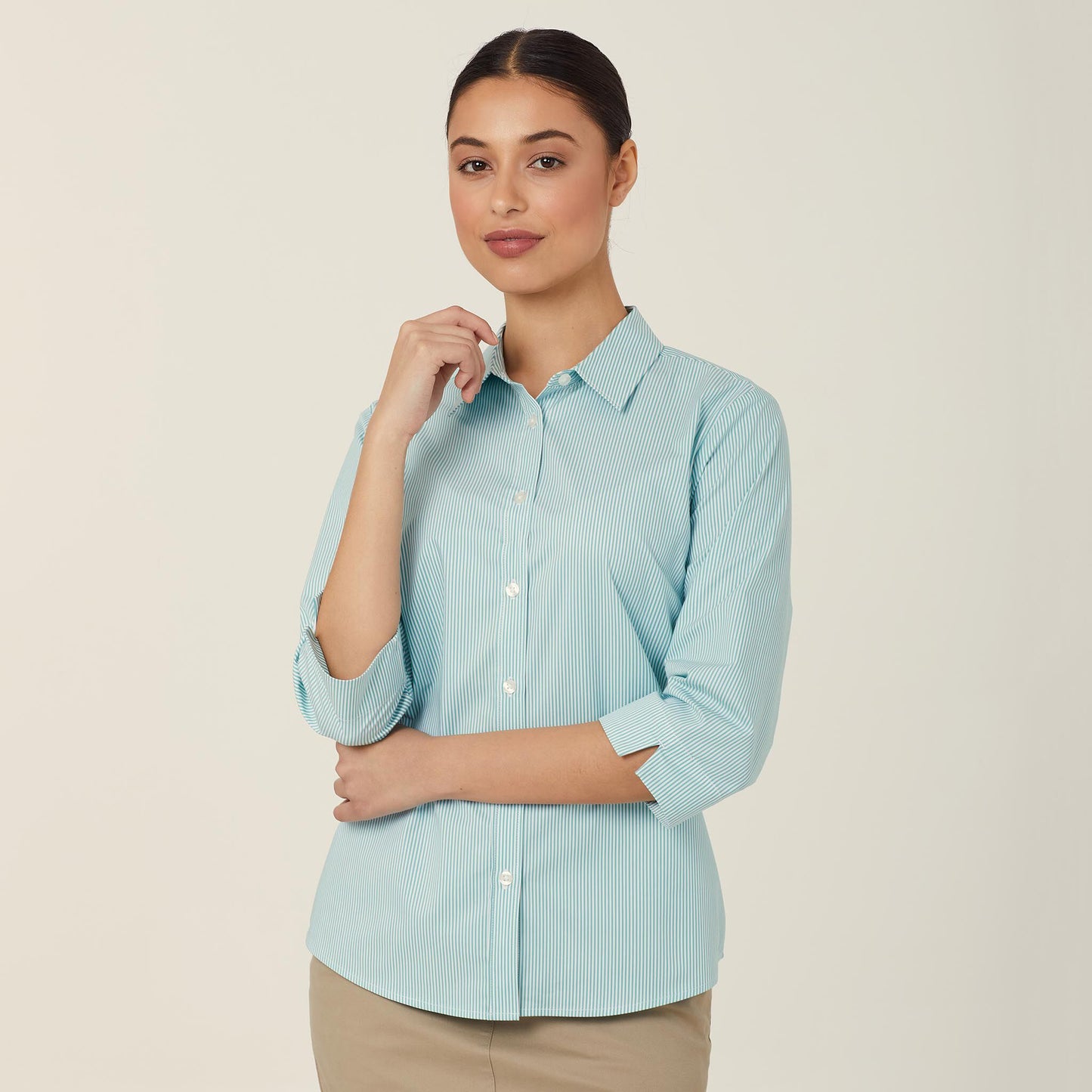 CATUKV-AVIGNON FINE BLOCK STRIPE STRETCH 3/4 SLEEVE SHIRT