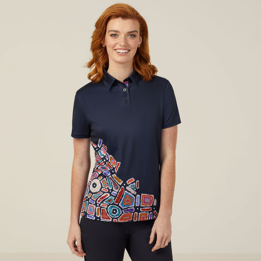 CATUQV-WOMEN'S POLYESTER KNIT WATER DREAMING INDIGENOUS PRINT POLO