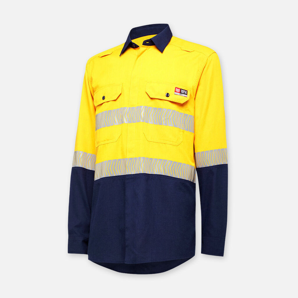 Y04370-Shieldtec Lenzing FR Hi Vis Spliced L/SL Open Front Shirt with Tape