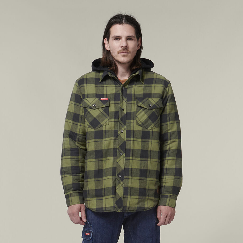 Y06690-QUILTED FLANNEL HOODED SHACKET