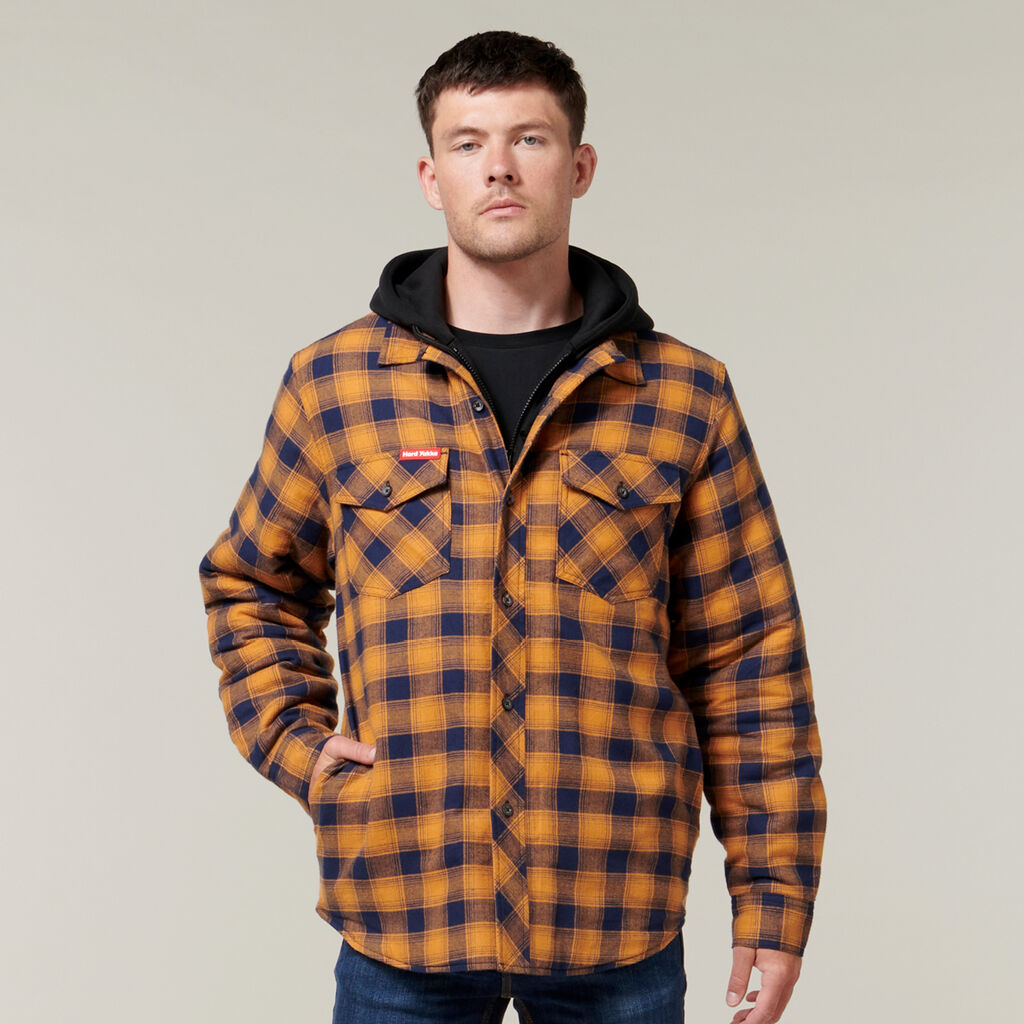 Y06690-QUILTED FLANNEL HOODED SHACKET