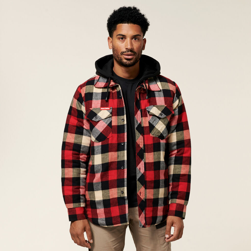 Y06690-QUILTED FLANNEL HOODED SHACKET